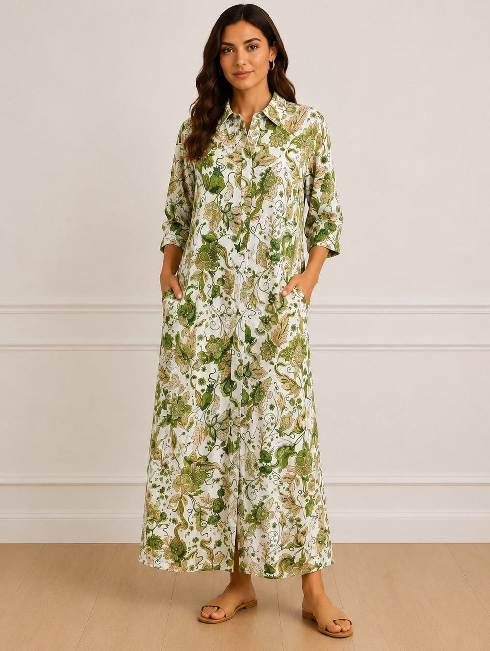 Yakira Bella Plus Floral Button Maxi Dress Green Pockets Bohemian Retro Large